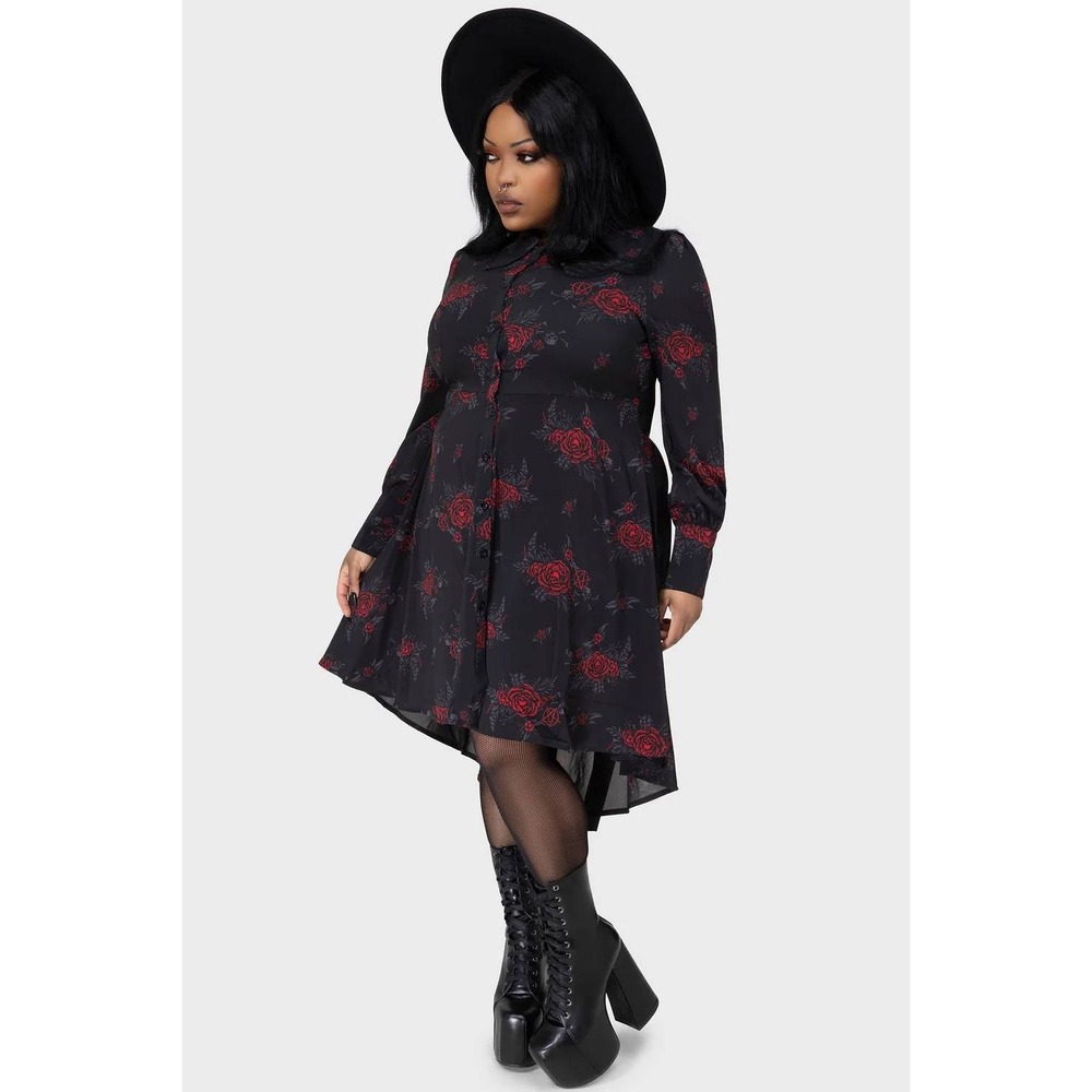Killstar Pandora Shirt Dress Black Red Rose Skulls Pentagram High Low Plus 4XL